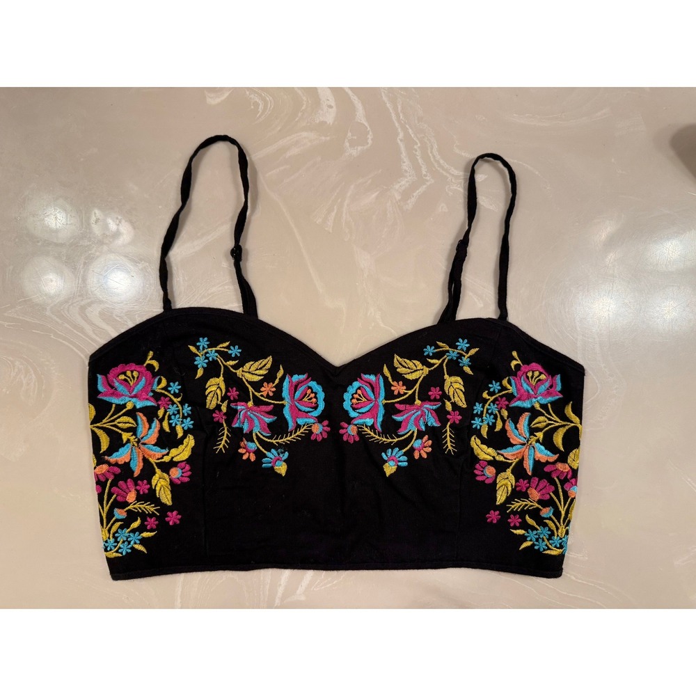 Black Floral Embroidered Crop Top Boho Sweetheart Cami Tank